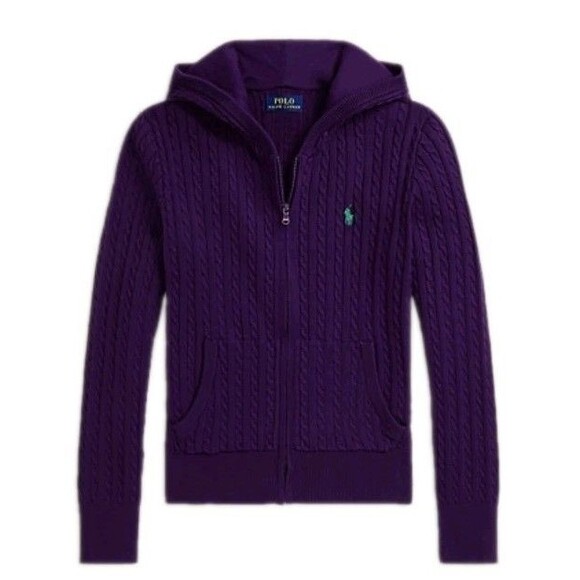 NWT Ralph Lauren Big Girls Cable Cotton Full Zip Hoodie Purple Size 12/14 Large - Picture 2 of 14